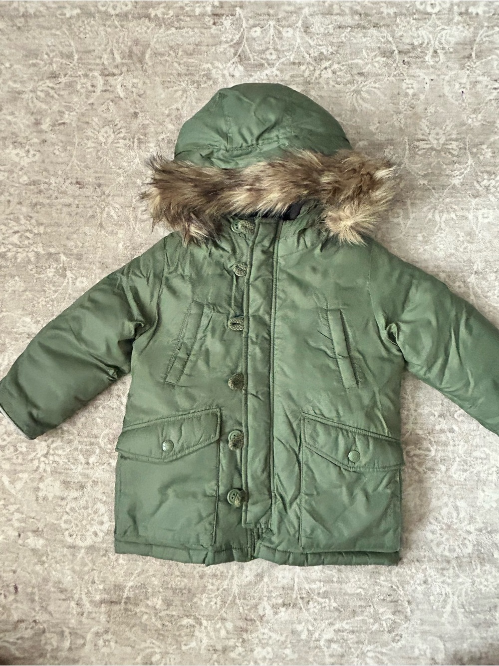 Gap Kids Puffer Olive Green Hooded Parka Jacket with Faux Fur Trim 3T